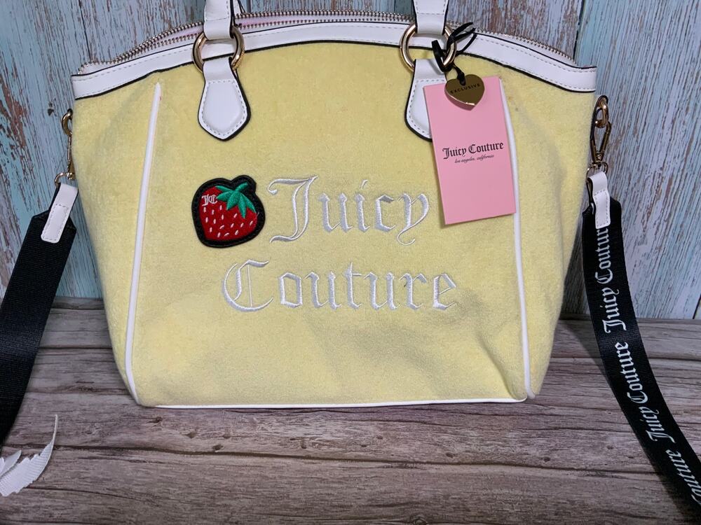 NEW Juicy Couture Yellow Satchel Bag White Handles Strawberry Embroidary